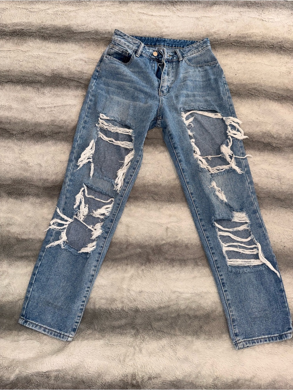 Distressed High-Rise Blue Jeans